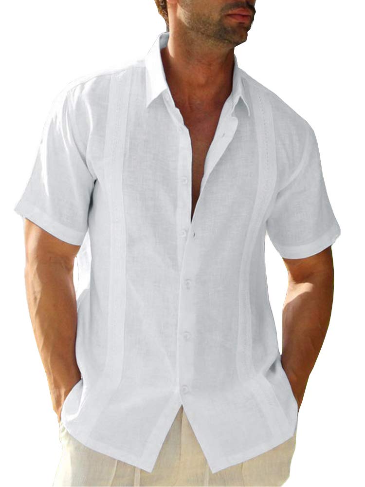 Ryannology Mens Guayabera Shirts Linen Short Sleeve Button Down Casual Beach Cuban Camp Mexican Shirt for Men Khaki - Image 1